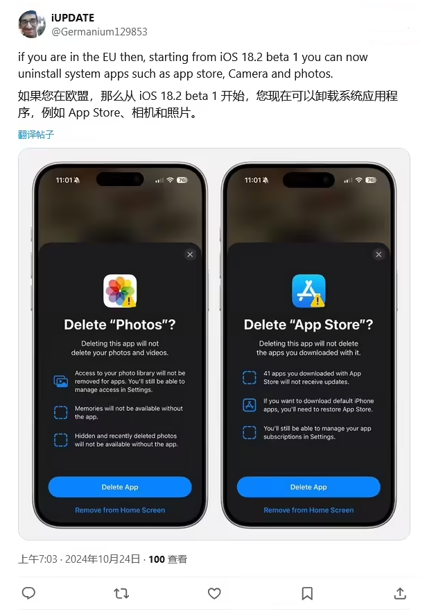 九真镇苹果手机维修分享iOS 18.2 支持删除 App Store 应用商店 