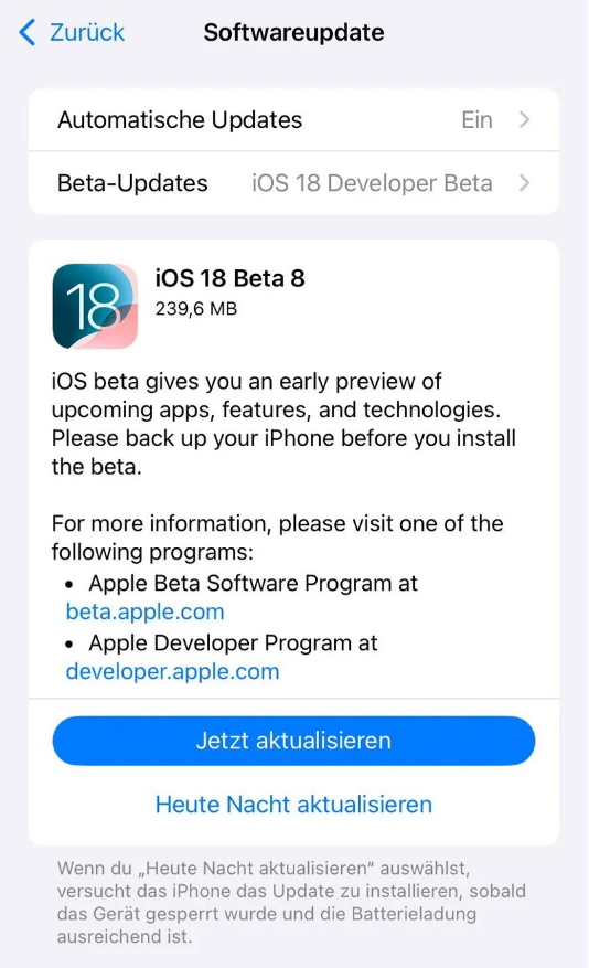 九真镇苹果手机维修分享苹果 iOS / iPadOS 18 开发者预览版 Beta 8 发布 